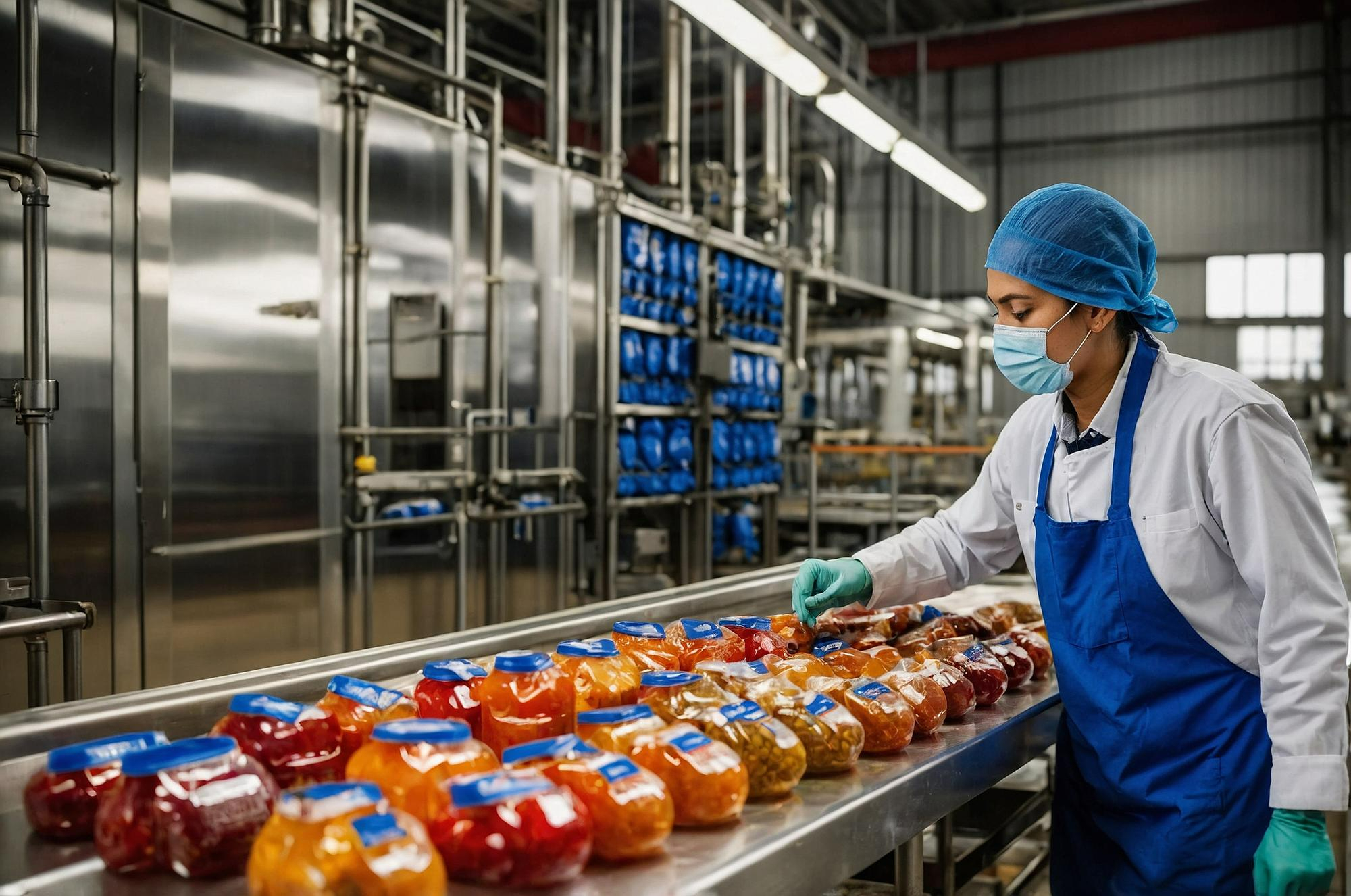 Food processing worker in protective uniform inspecting packaged products on a factory production line