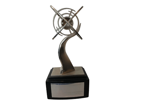 Modern abstract metal award trophy with circular design on a black base