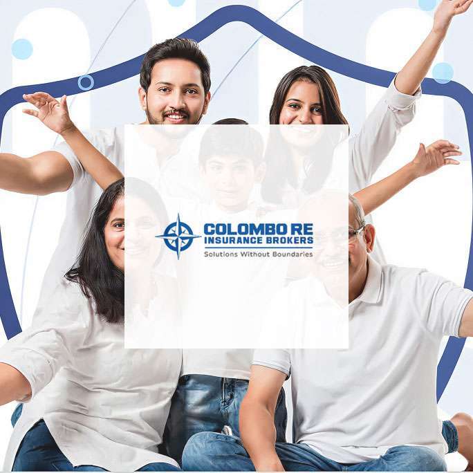 Happy multigenerational family smiling together with Colombo RE Insurance Brokers logo overlay