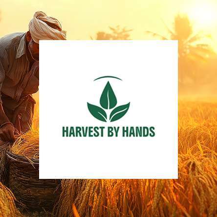Harvest by Hands logo featuring green leaves symbolizing natural agriculture and sustainable farming