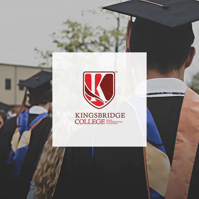 Graduates in academic gowns and caps during a university ceremony with Kingsbridge College logo overlay