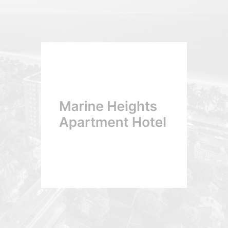 Marine Heights Apartment Hotel title displayed over a soft aerial coastal city background