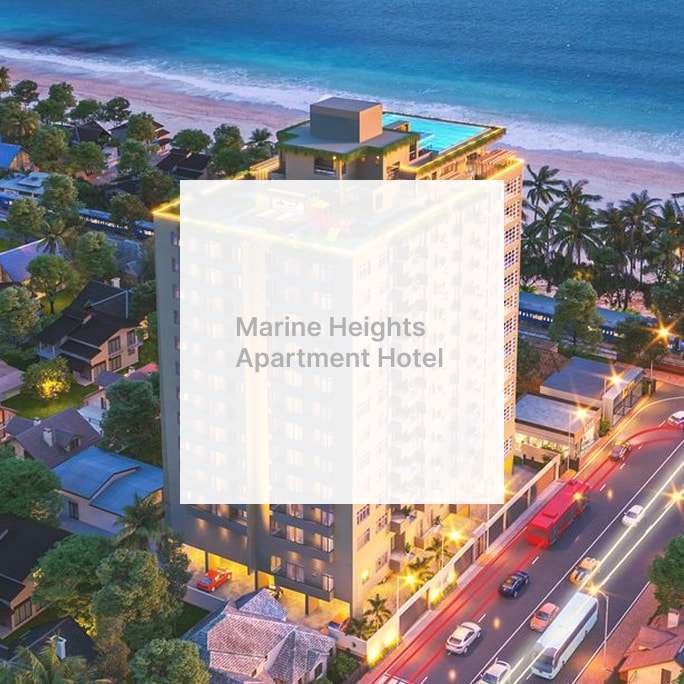 Marine Heights Apartment Hotel name over an aerial seaside city view with ocean and coastal road
